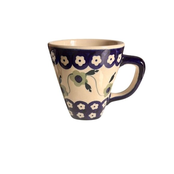 2 Hand-Painted Boleslawiec Polish Pottery Mugs Floral Design artist signed - Picture 2 of 4